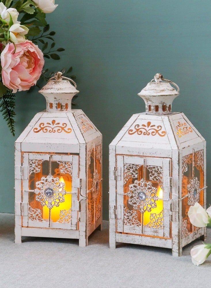 Nonebranded Set of 2 Decorative Candle Lantern 9.5" High Metal Candle Lantern Vintage Style Hanging Lantern for Wedding Parties Indoor Outdoor(White with Gold Brush) - Image 2